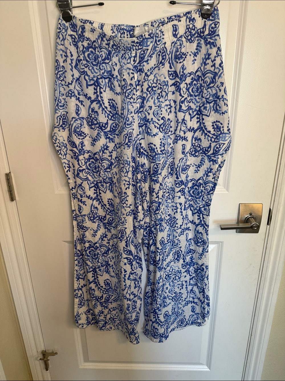 Caroline Constas White and Blue Floral Swim Coverup Side Slit Pants